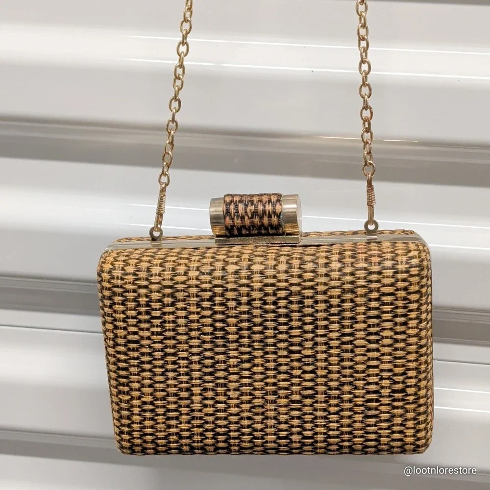 Miztique Woven Straw‎ Box Clutch Crossbody Bag Tan Black Small Gold Chain Strap